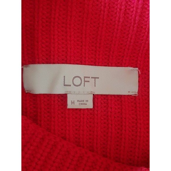 Loft Red Sweater Ribbed High Neckline Mock Chunky Knit Bell Sleeve Size Medium - Picture 8 of 12